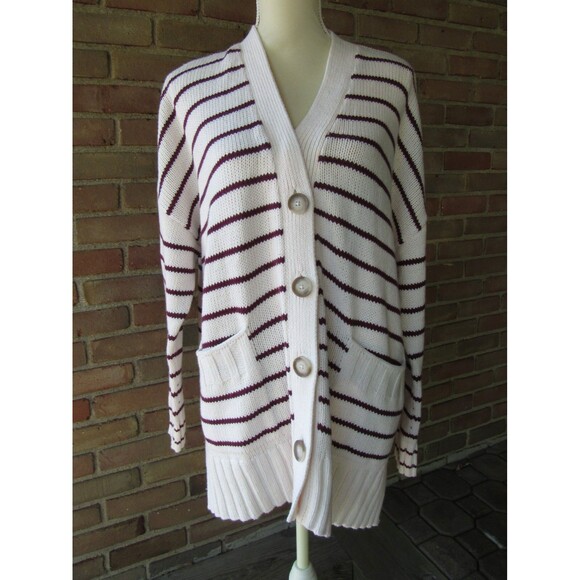 LOFT Cardigan Sweater XL Striped Pockets V-Neck Buttons Chunky 2021 Academia - Picture 1 of 14